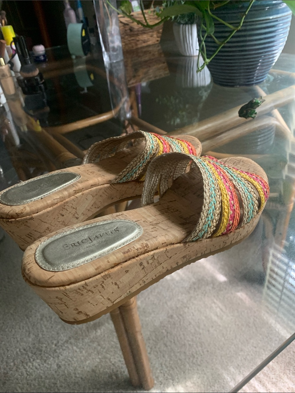 Eric Javits Multicolor Braided Cork Wedge Slides